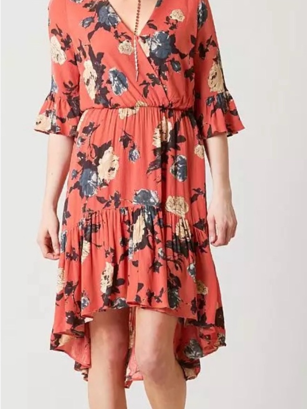 Miss Me Coral Floral High-Low V-Neck Dress